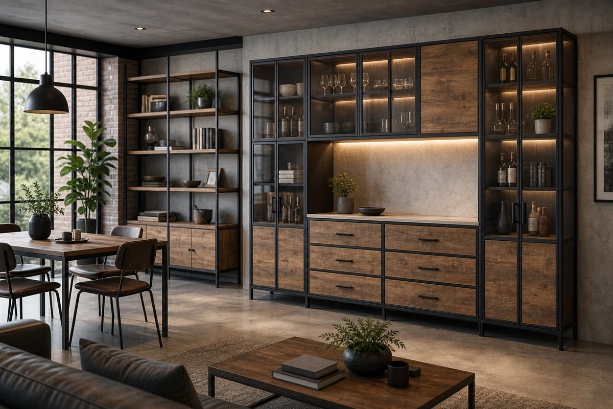 industrial interior cabinet design with metal frame wood and glass cabinets
