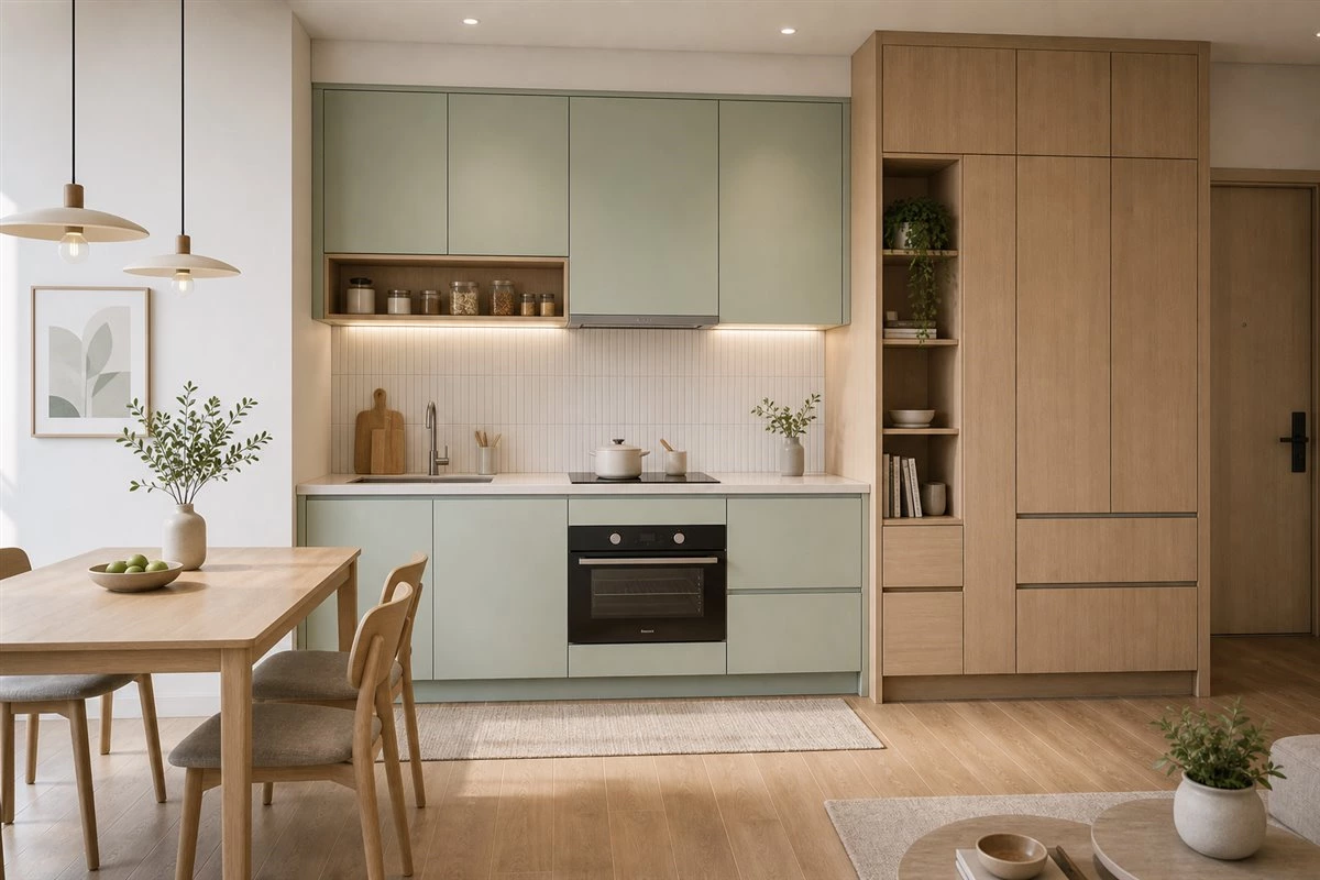 pastel green small kitchen cabinets with tall storage