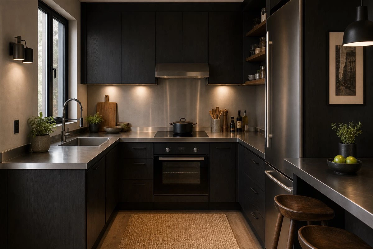 black compact U-shaped small kitchen cabinets with stainless steel countertop