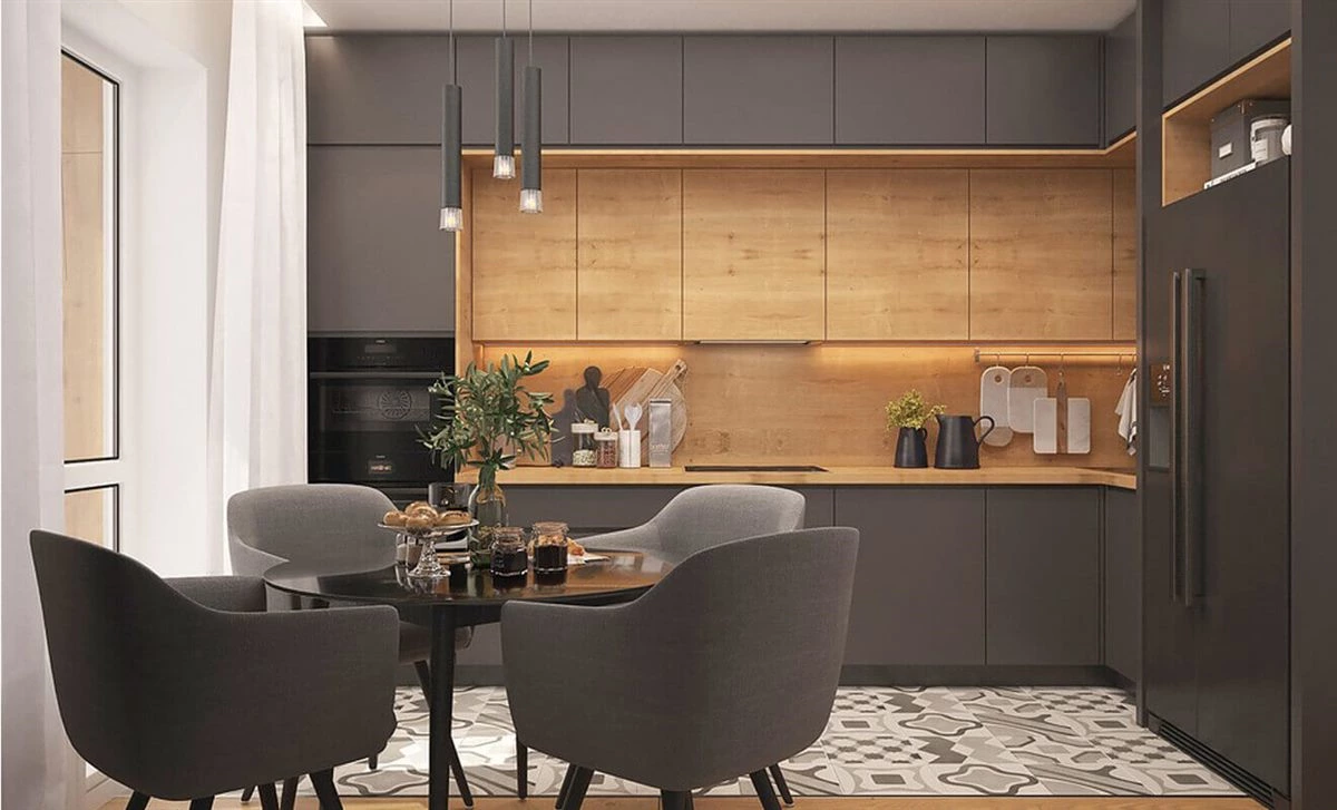 Metallic grey kitchen cabinets with wood wall cabinets for galley kitchen layout