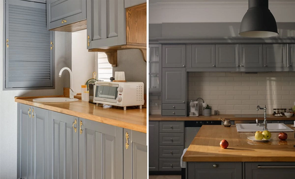 Dark grey and honey oak kitchen cabinets for warm modern kitchen design