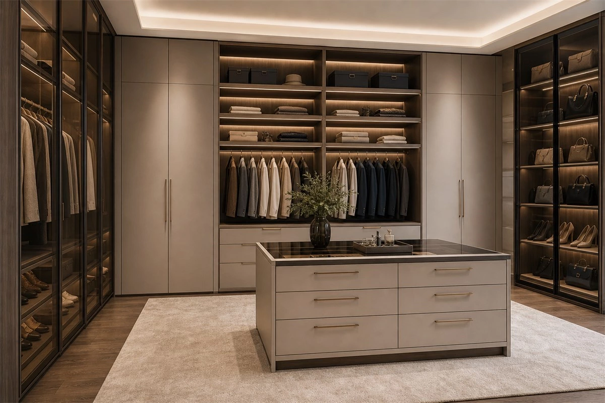 Open and closed storage combination for walk-in closet