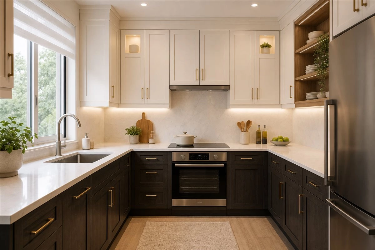 two toned U-shaped small kitchen cabinets with light upper and dark lower cabinets