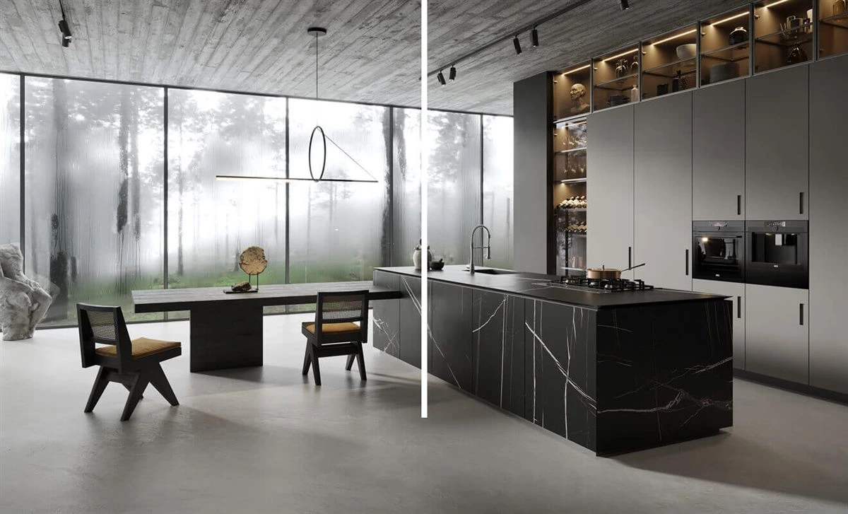 Bluish grey kitchen cabinets with honey wood tone and decorative handles
