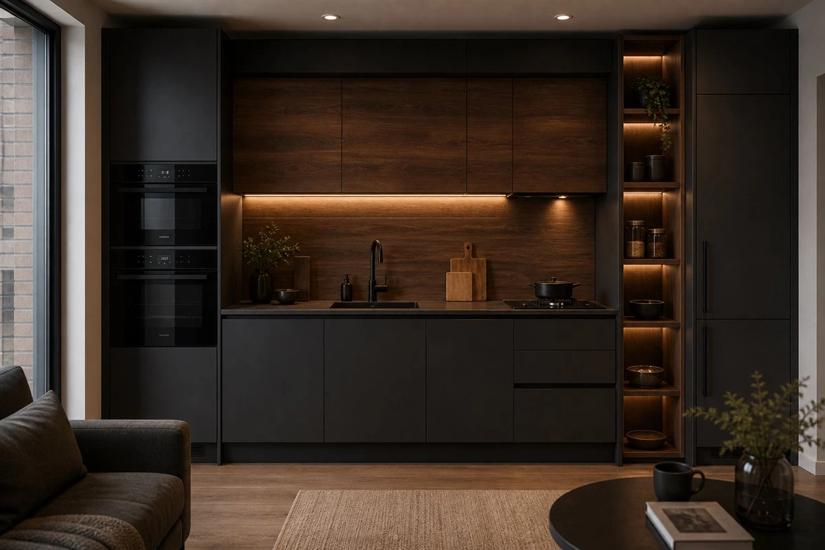 built-in small kitchen cabinets with matte black and dark wood finishes