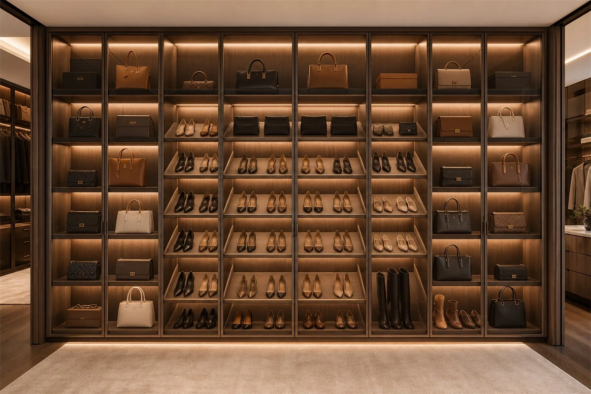 Custom shoe and bag display wall for walk-in closet