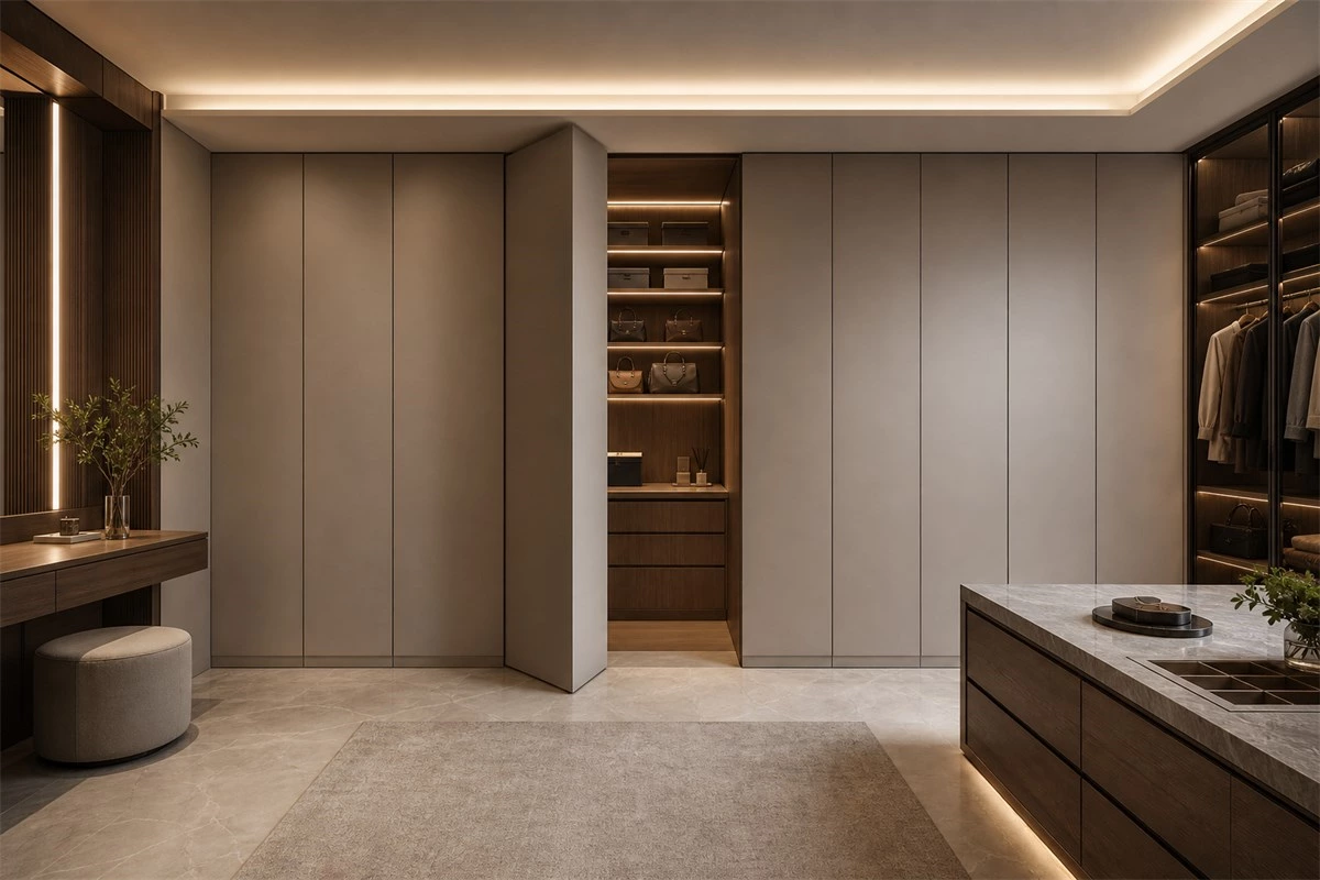 Hidden storage for luxury walk-in closet design