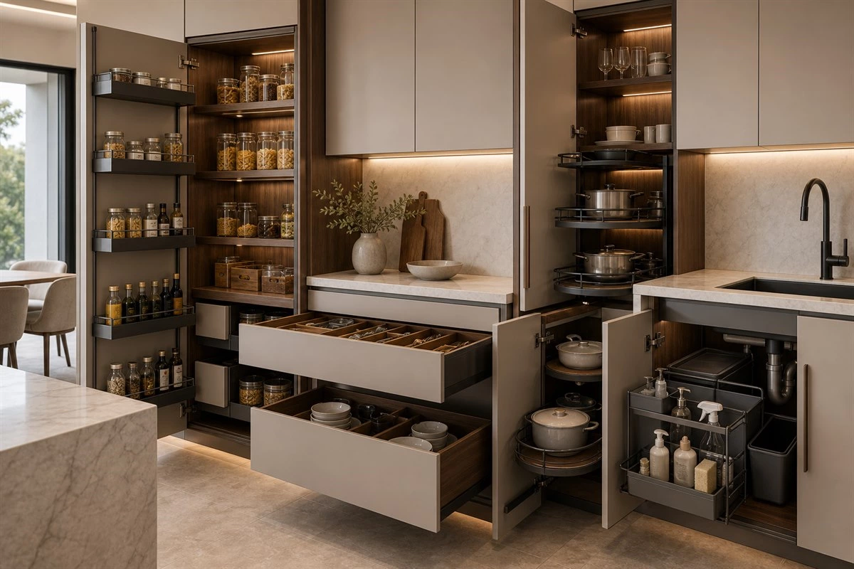 Smart storage systems for custom kitchen cabinets