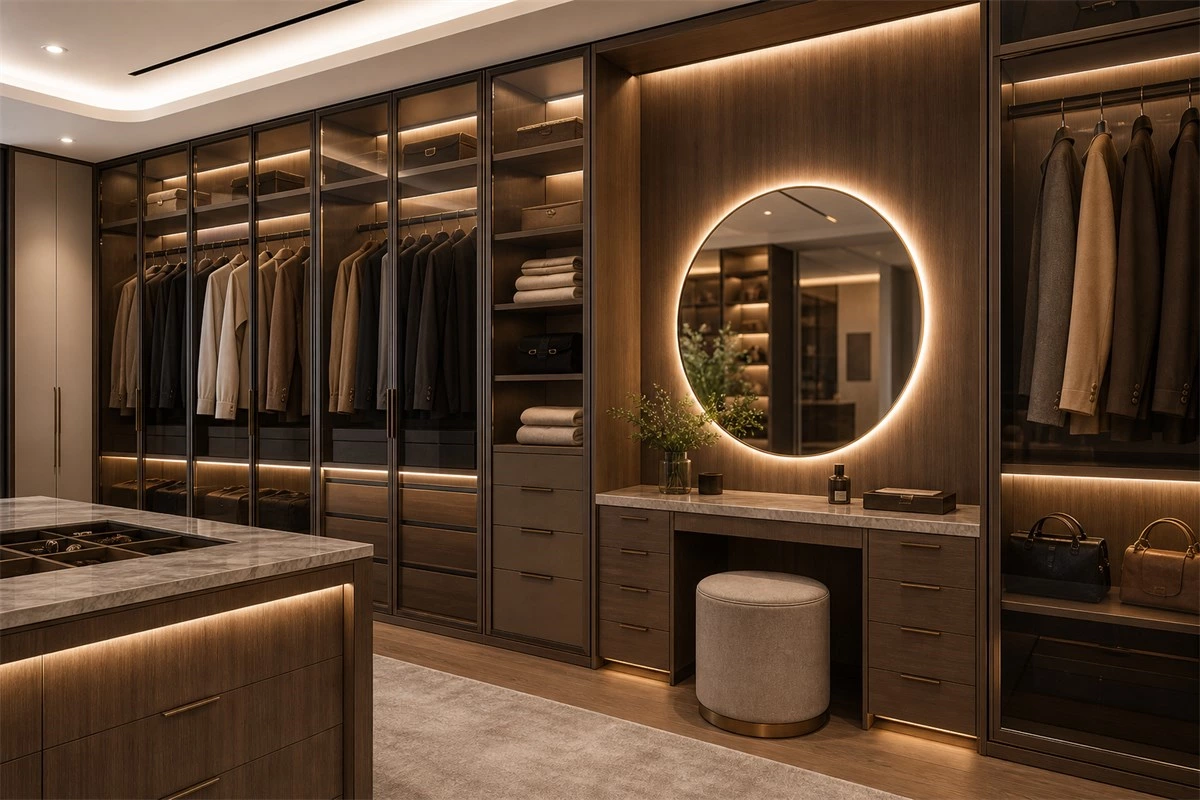 Matching vanity area inside luxury walk-in closet
