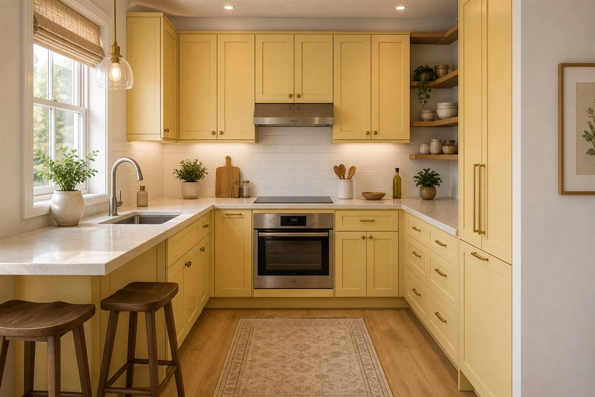 yellow Shaker style small kitchen cabinets with extended countertop
