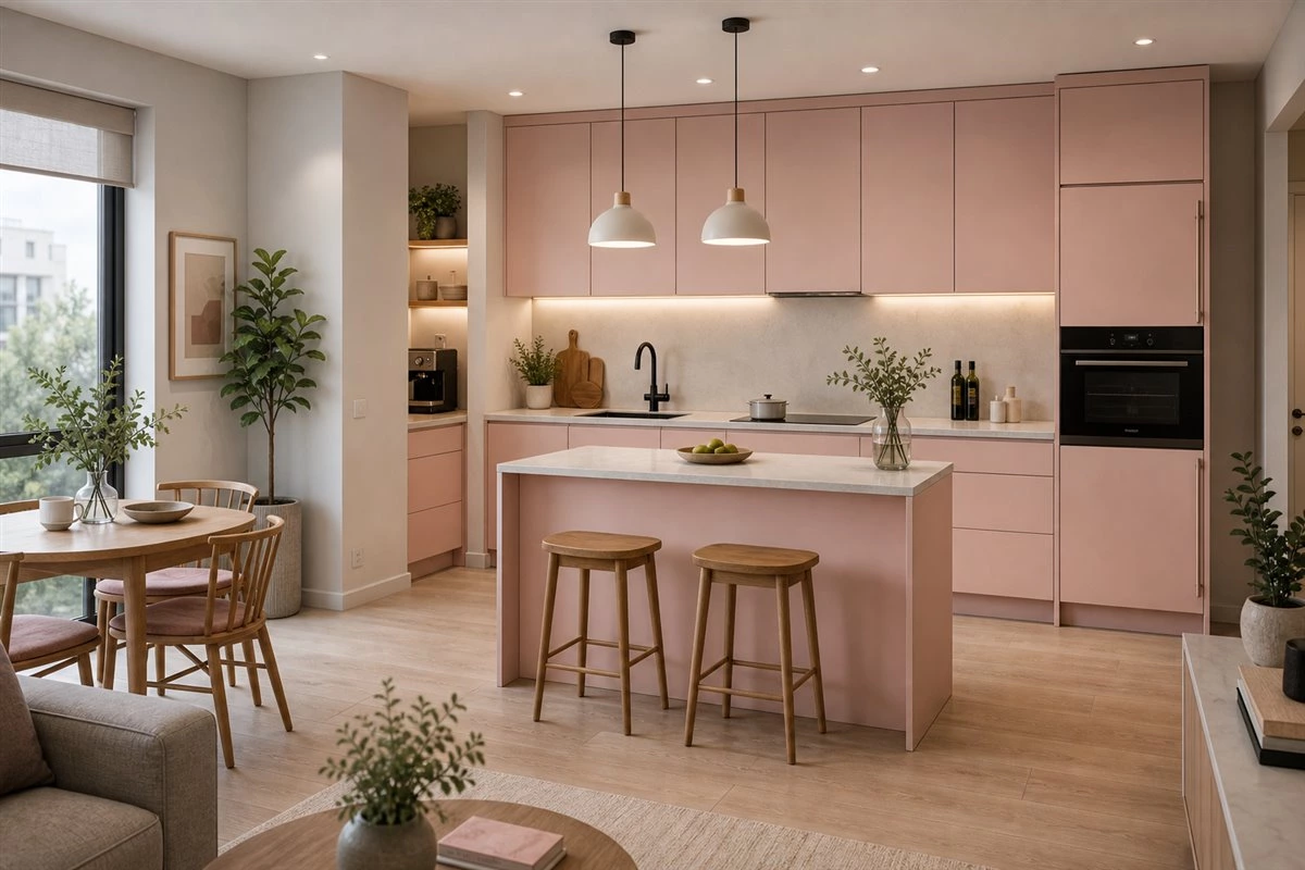 pink small kitchen cabinets with compact island and dining table