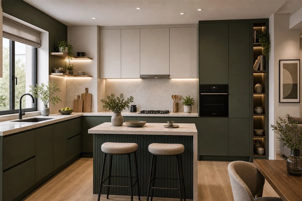 compact L-shaped small kitchen cabinets with island and dark green finish