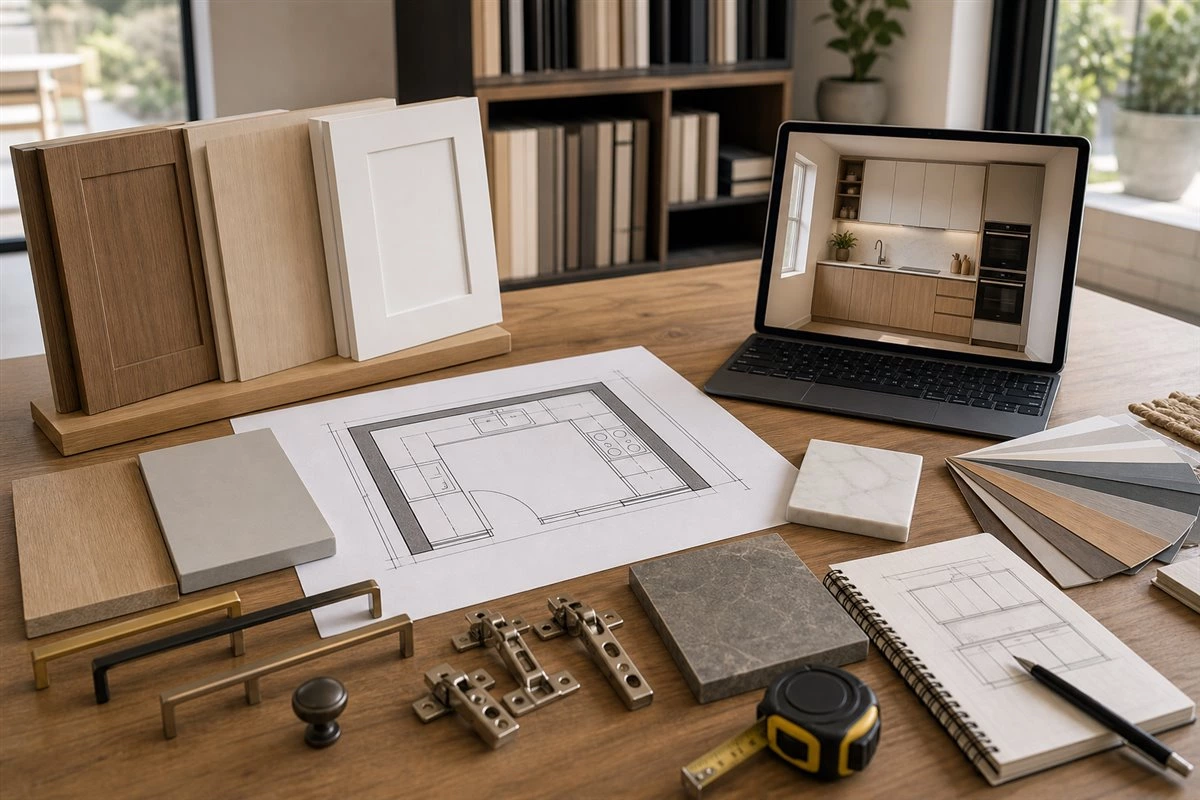 custom small kitchen cabinet layout based on floor plan and material samples