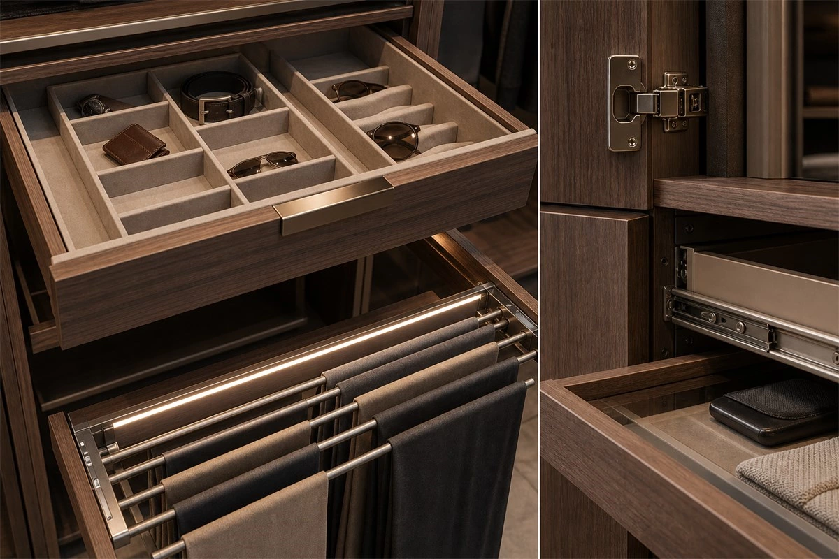 Premium hardware for custom walk-in closet systems
