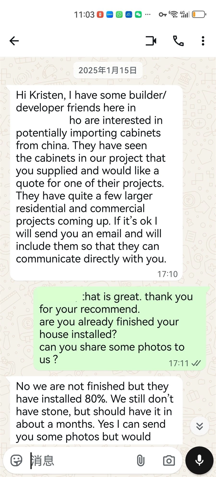 Client feedback screenshot for ALLURE custom cabinetry project