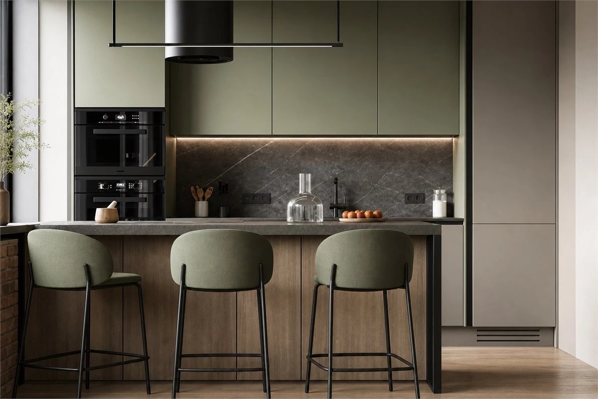 Green and blue kitchen cabinet color trend for a calm modern kitchen