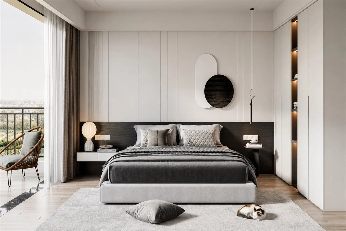 Bedroom wardrobe with open shelving for a lighter and more spacious room