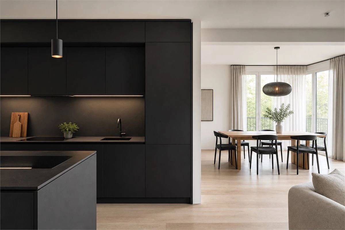 Black kitchen cabinets creating a visual partition beside a light dining area
