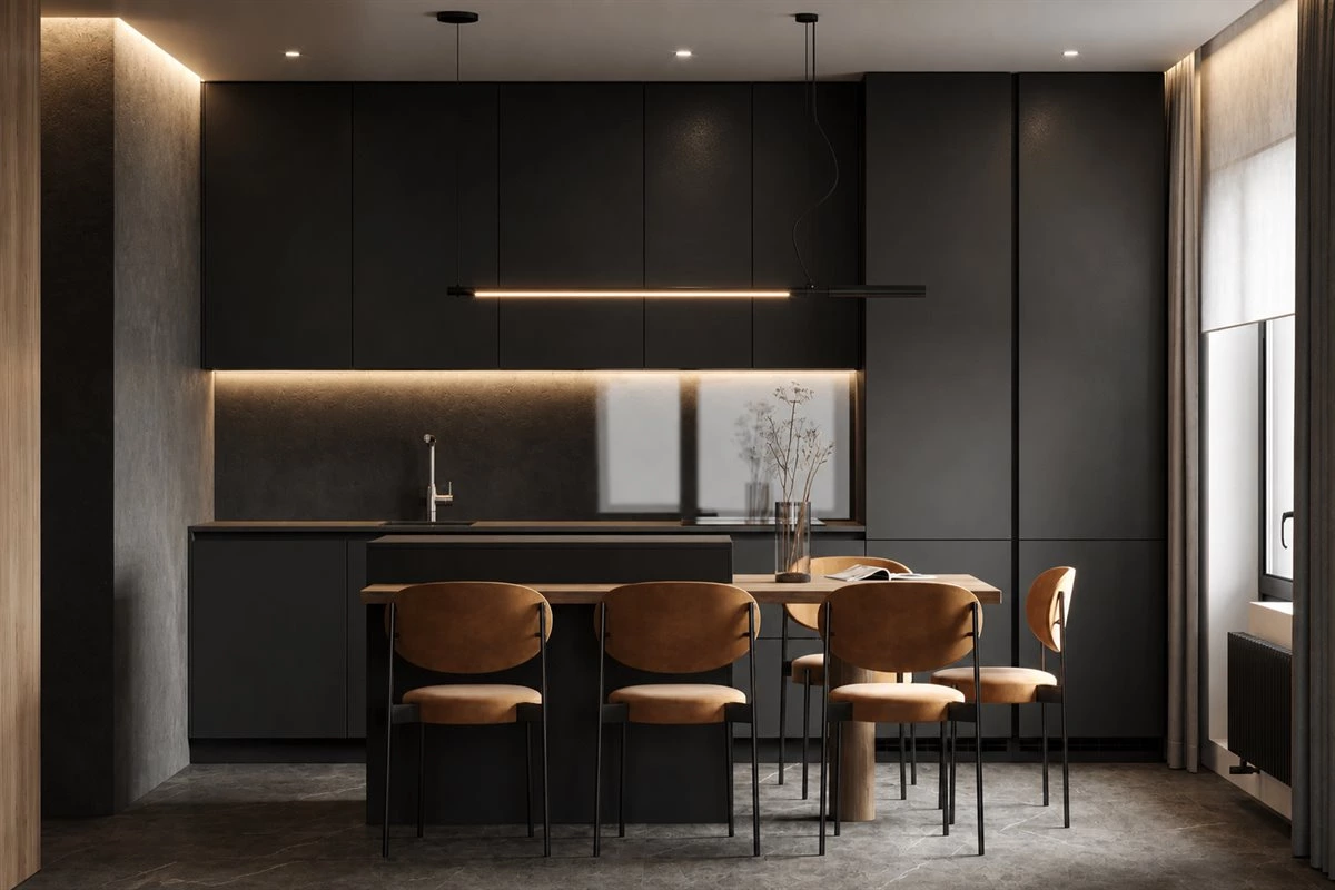 Black modern kitchen idea with island and dining area Black modern kitchen with tall cabinets, island and dining table