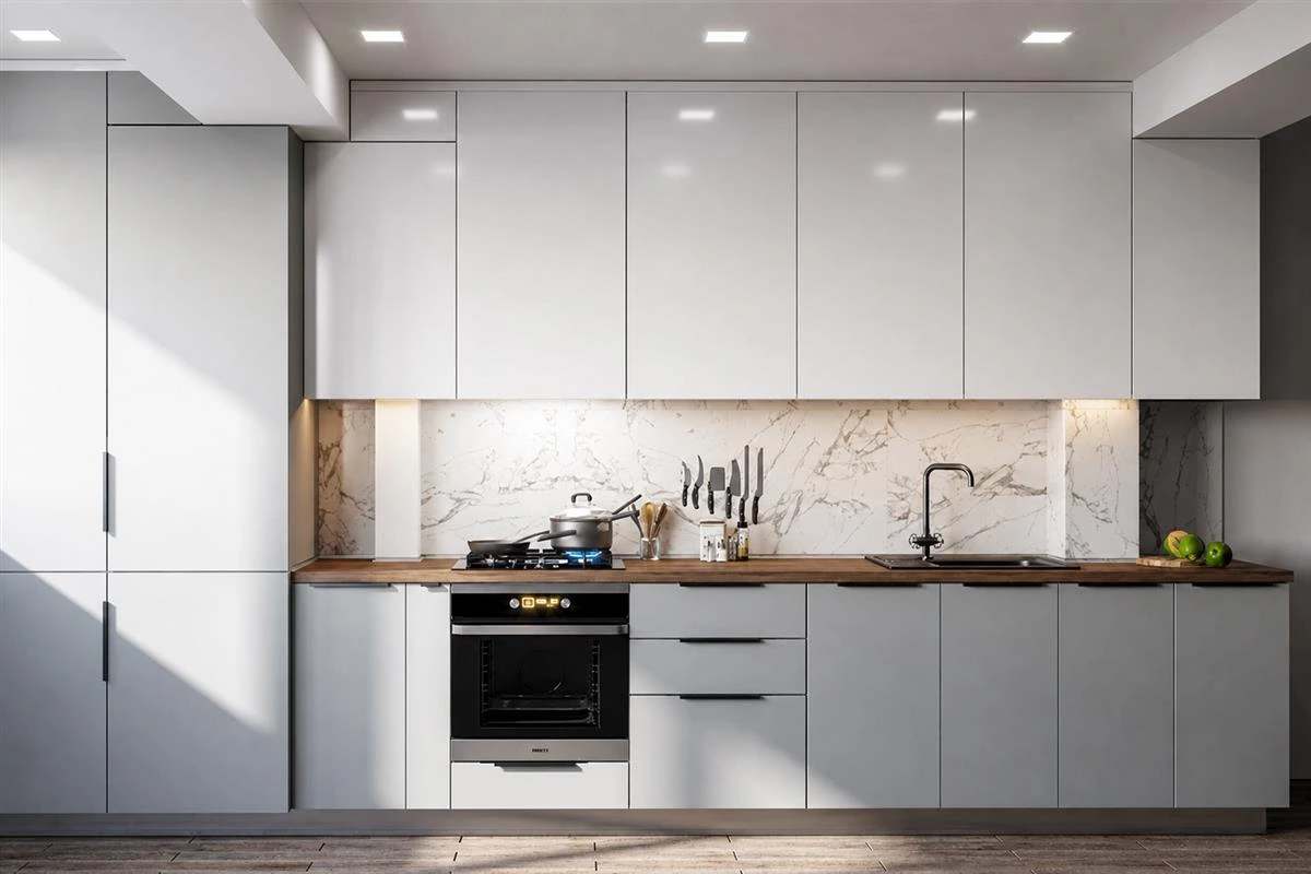 Classic white kitchen cabinet finish in a bright modern kitchen