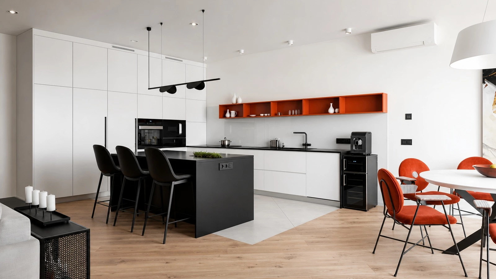 Colorful cabinetry in a minimalist New York kitchen