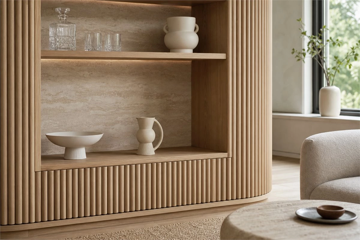 Curved cabinet design in a sophisticated modern home interior