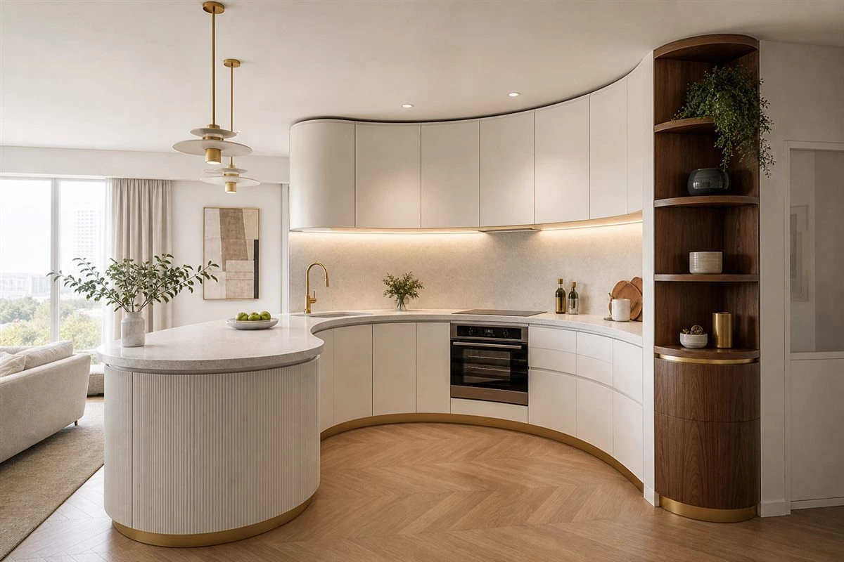 Curved kitchen design with circular custom cabinetry