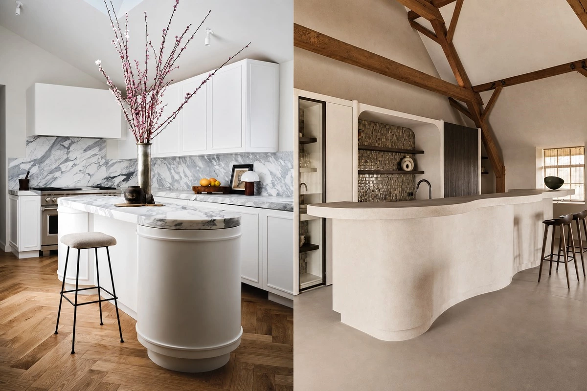Custom kitchen island shape with a curved contemporary design