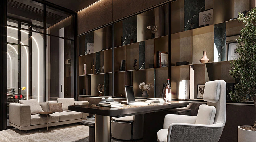 Custom display cabinet with study desk, glass shelving and concealed storage