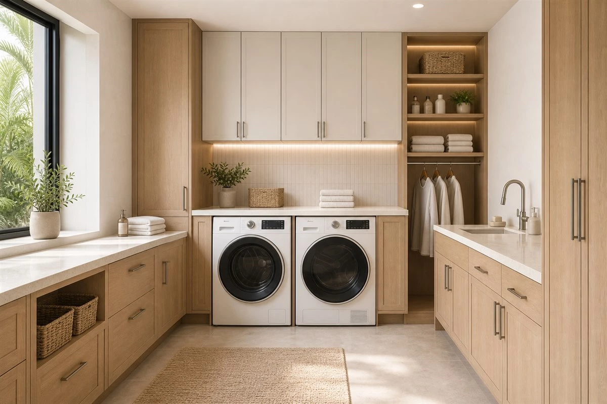 custom laundry room cabinets with washer dryer and storage design