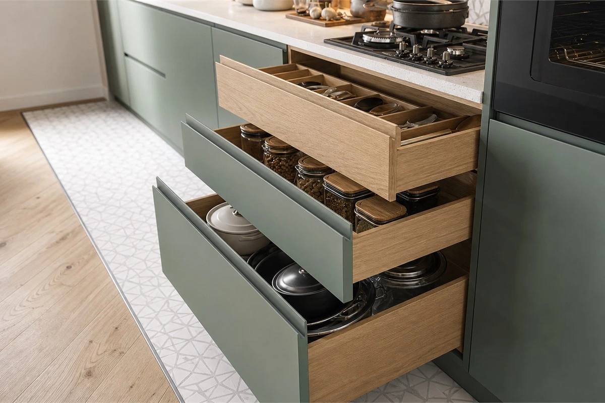 Custom pull-out kitchen drawers with deep organized storage