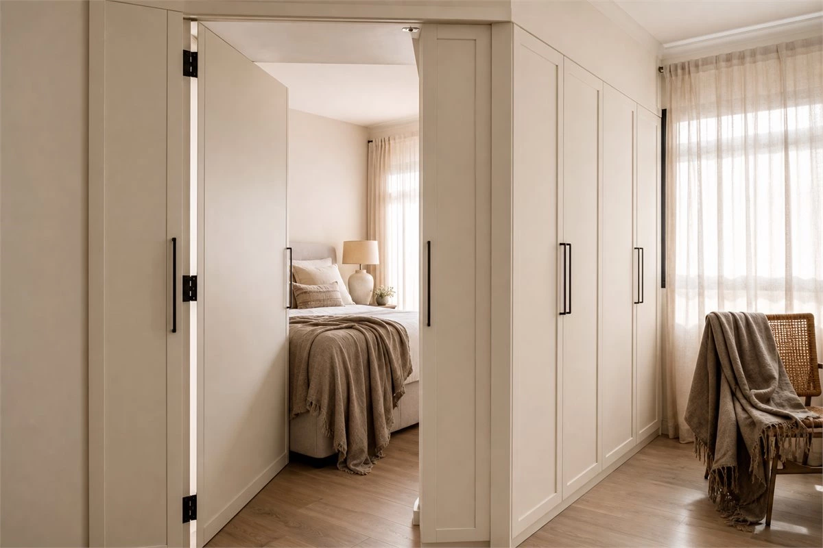 Built-in custom wardrobe placement outside a compact bedroom