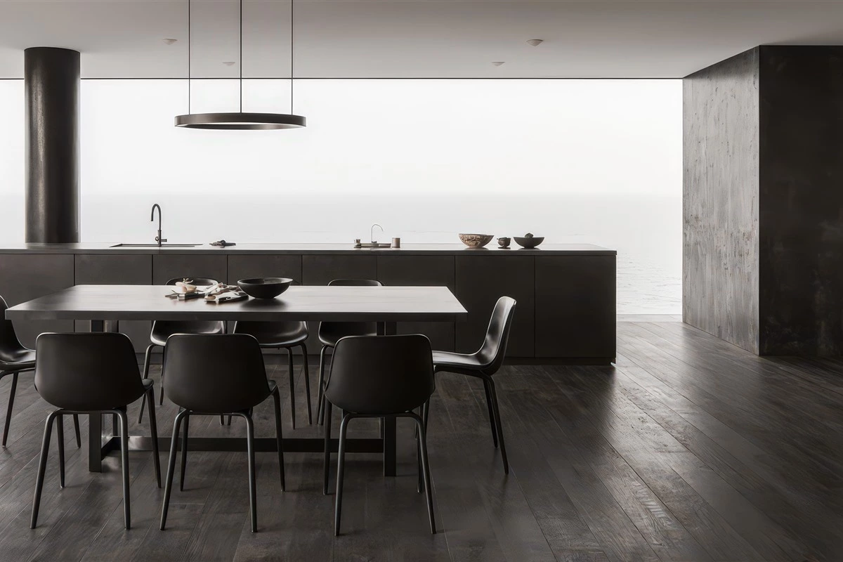 Dark wood modern kitchen with island and dining seating