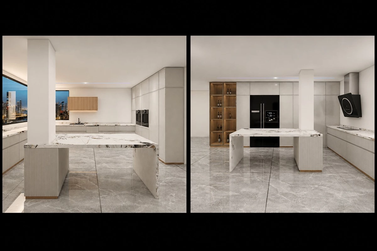 Minimalist modern kitchen design with quartz marble-look countertop