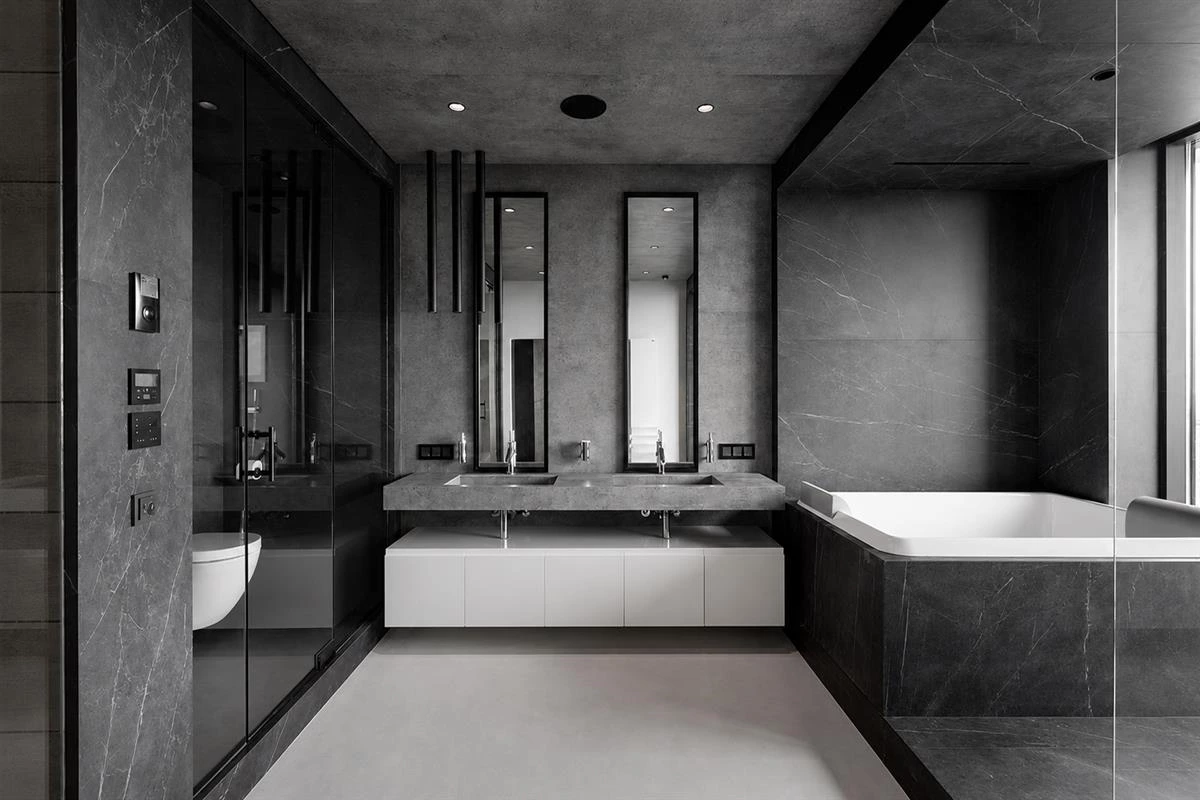 Double bathroom vanity with organized daily storage zones