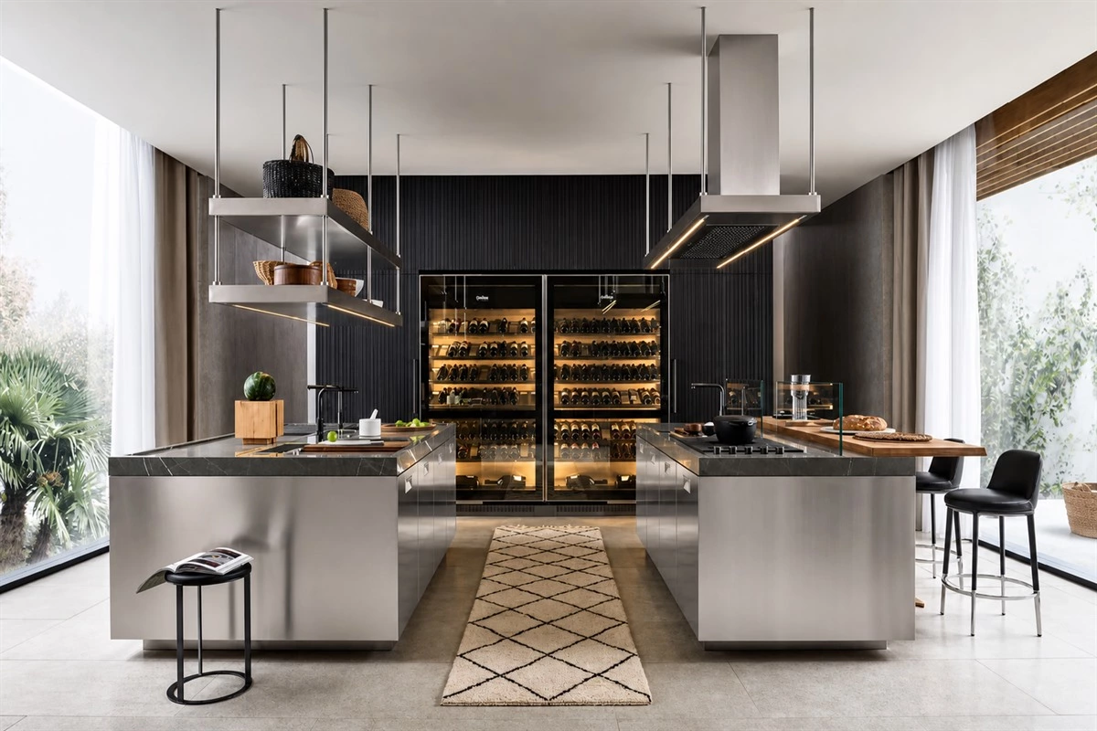 Dual-island stainless steel kitchen units with professional cooking layout