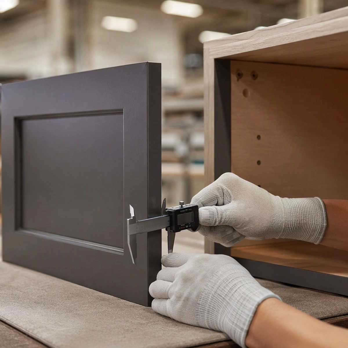 Custom kitchen cabinet quality inspection with caliper, cabinet door, and material sample