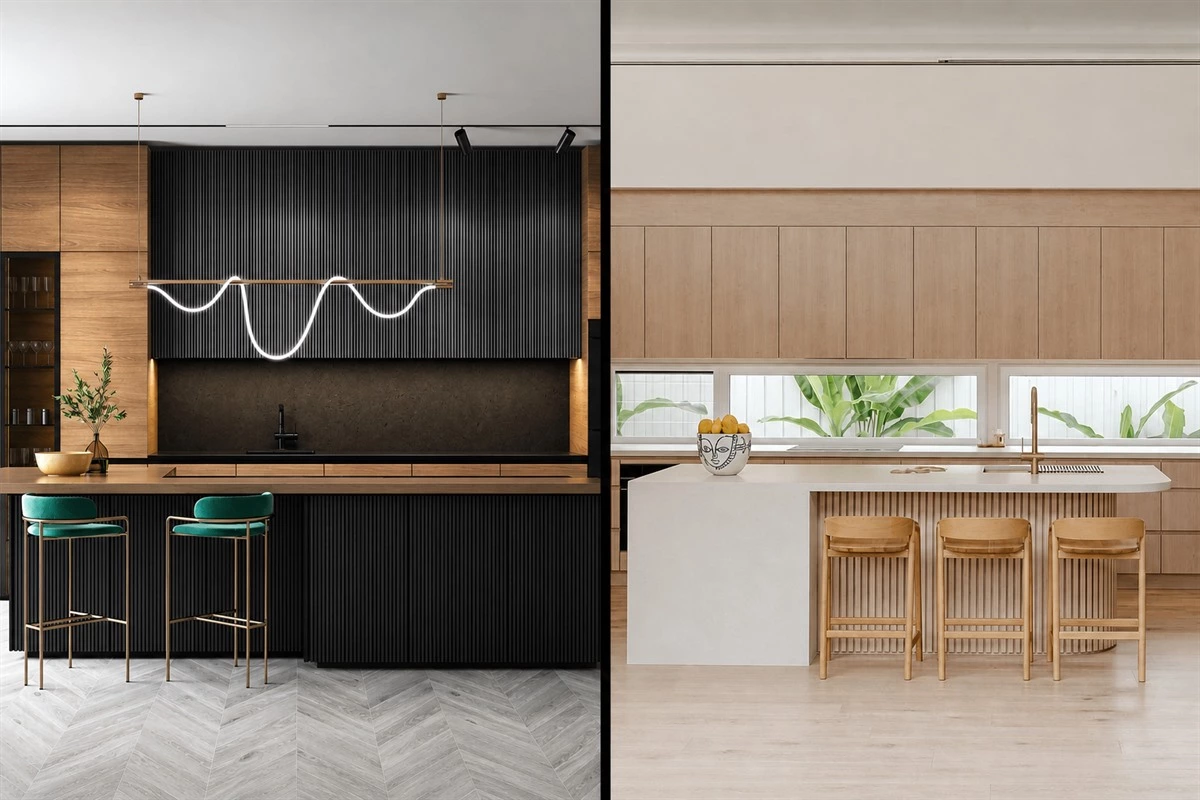 Fluted kitchen cabinet doors with vertical textured grooves