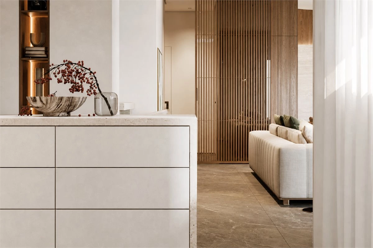 Fluted panel room divider partition for a modern custom home