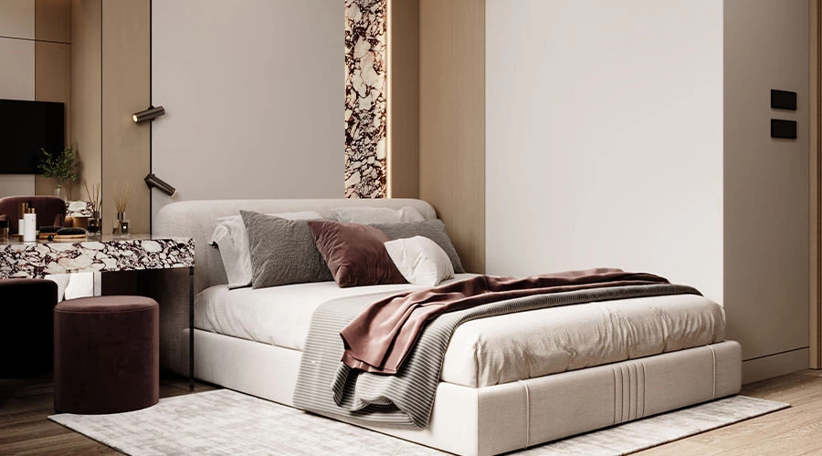 Girls bedroom design with Bulgari red stone accent and warm wood panels
