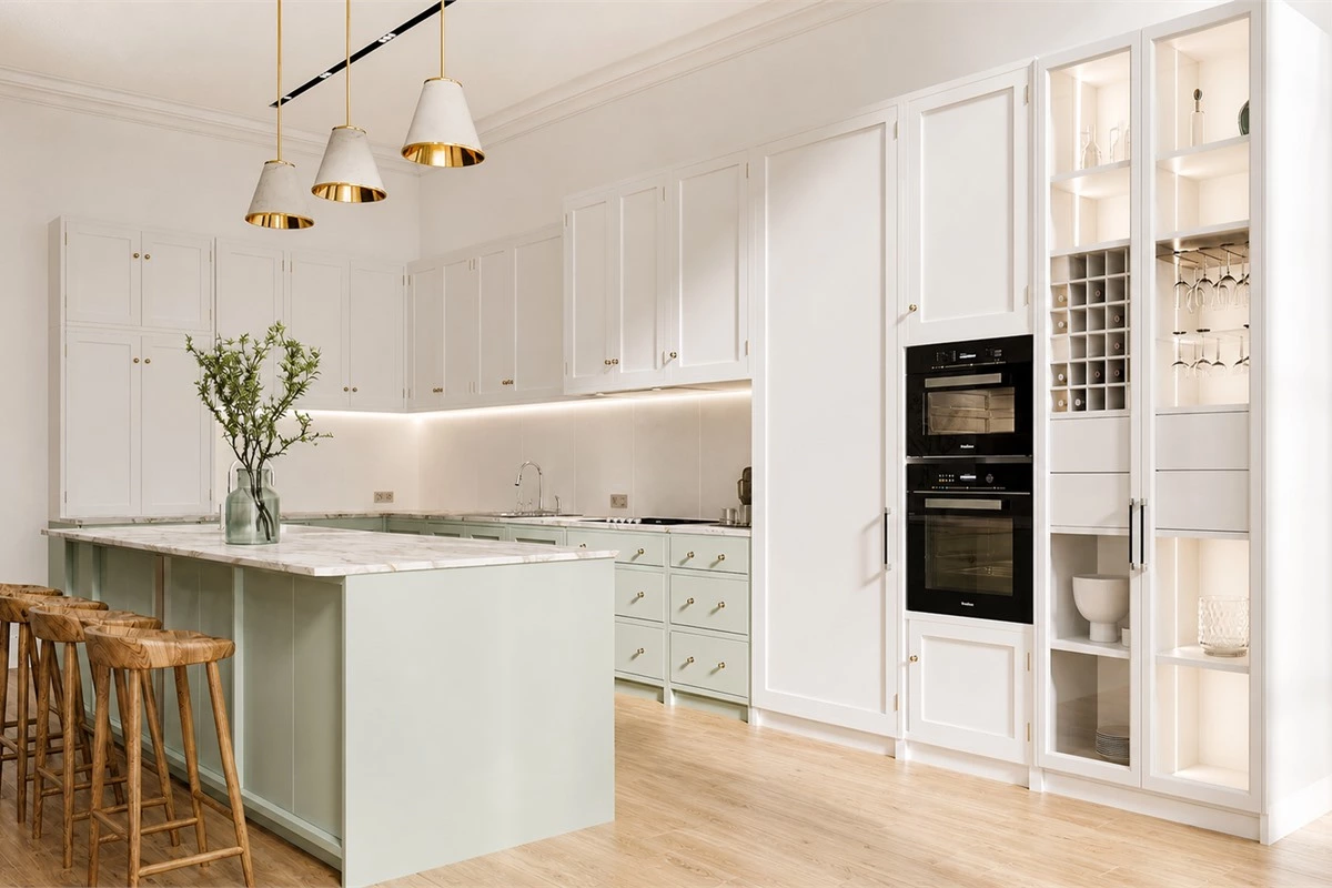 Soft green solid wood kitchen cabinets with marble countertop and wood stools