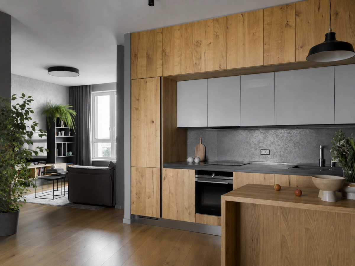 Grey oak kitchen cabinets overview in the Brasilia apartment