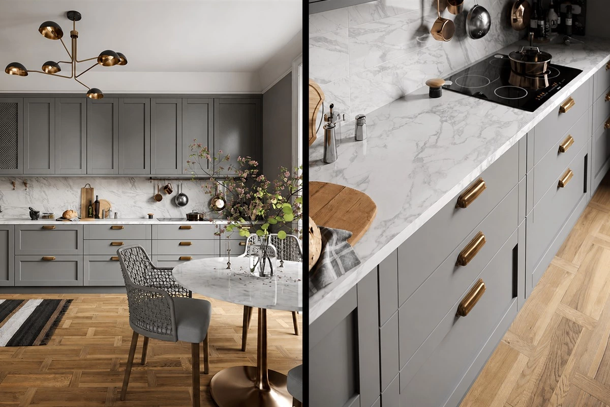 Grey Shaker kitchen cabinets with brass handles and hardwood flooring