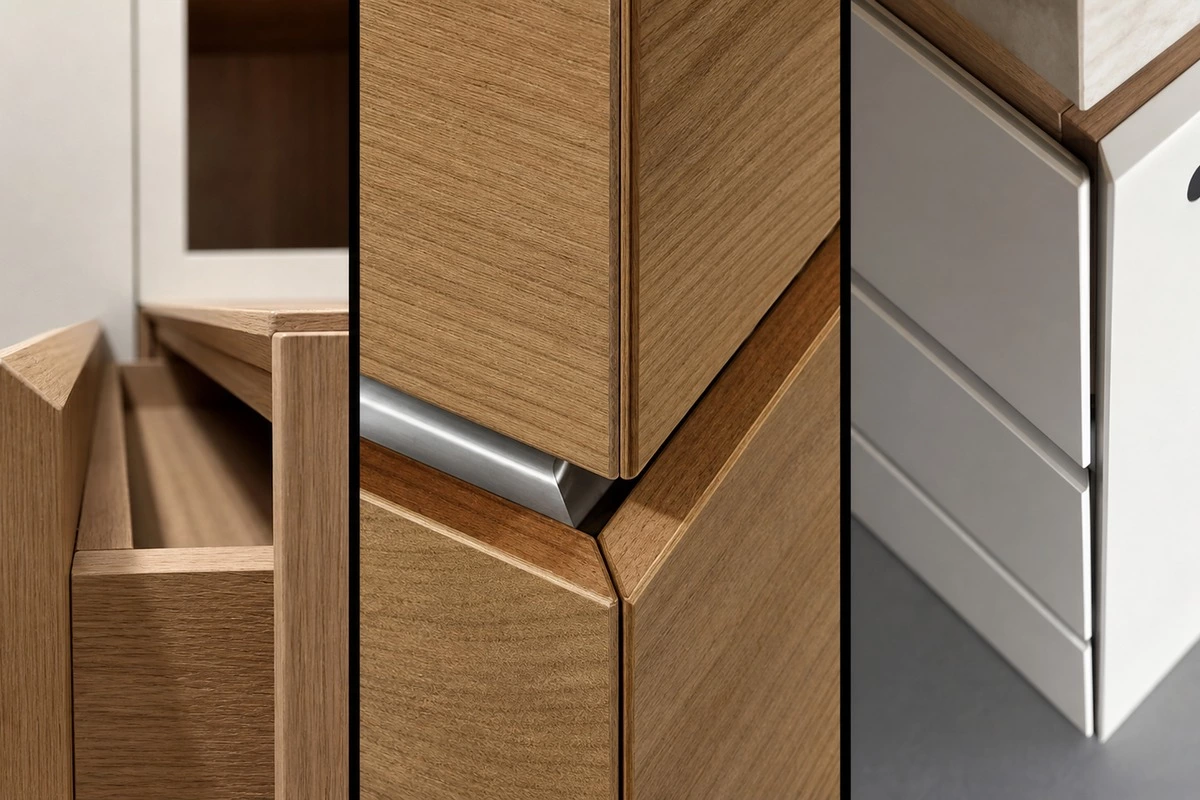 Haitang corner cabinet edge detail with a softened beveled transition