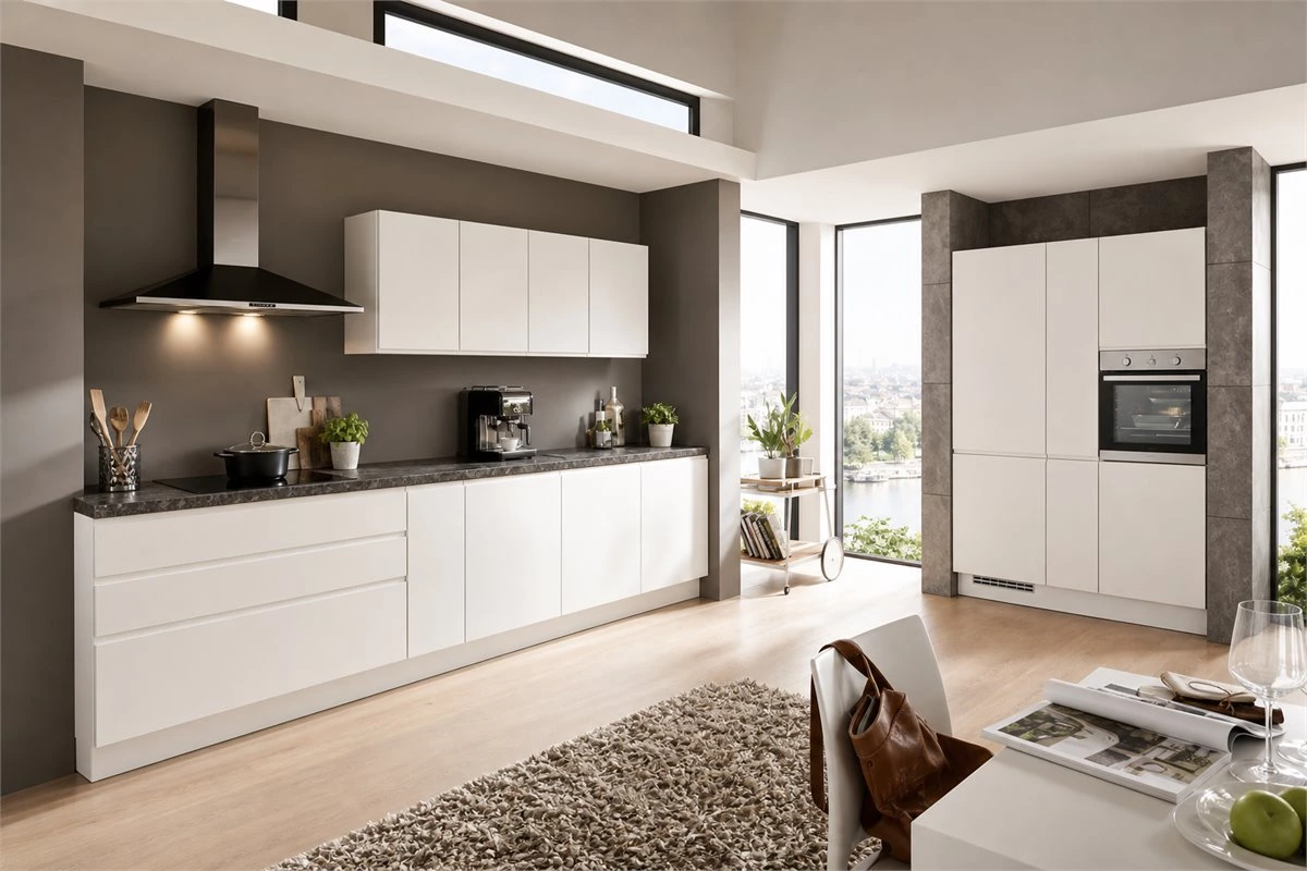 Handleless kitchen cabinet design with integrated pull profiles
