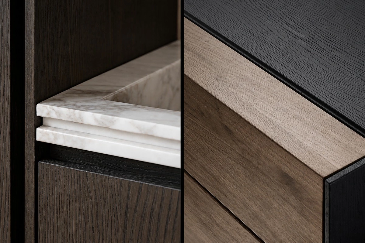 Recessed joint detail in high-end cabinets with a clean material transition