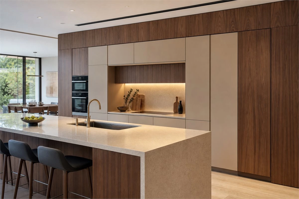 Modern kitchen appliance garage integrated into handleless custom cabinets