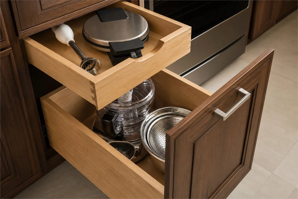 Kitchen base cabinet drawer organization with deep storage drawers