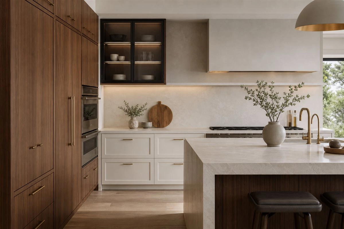 Modern kitchen showing Shaker slab and glass-front cabinet door styles