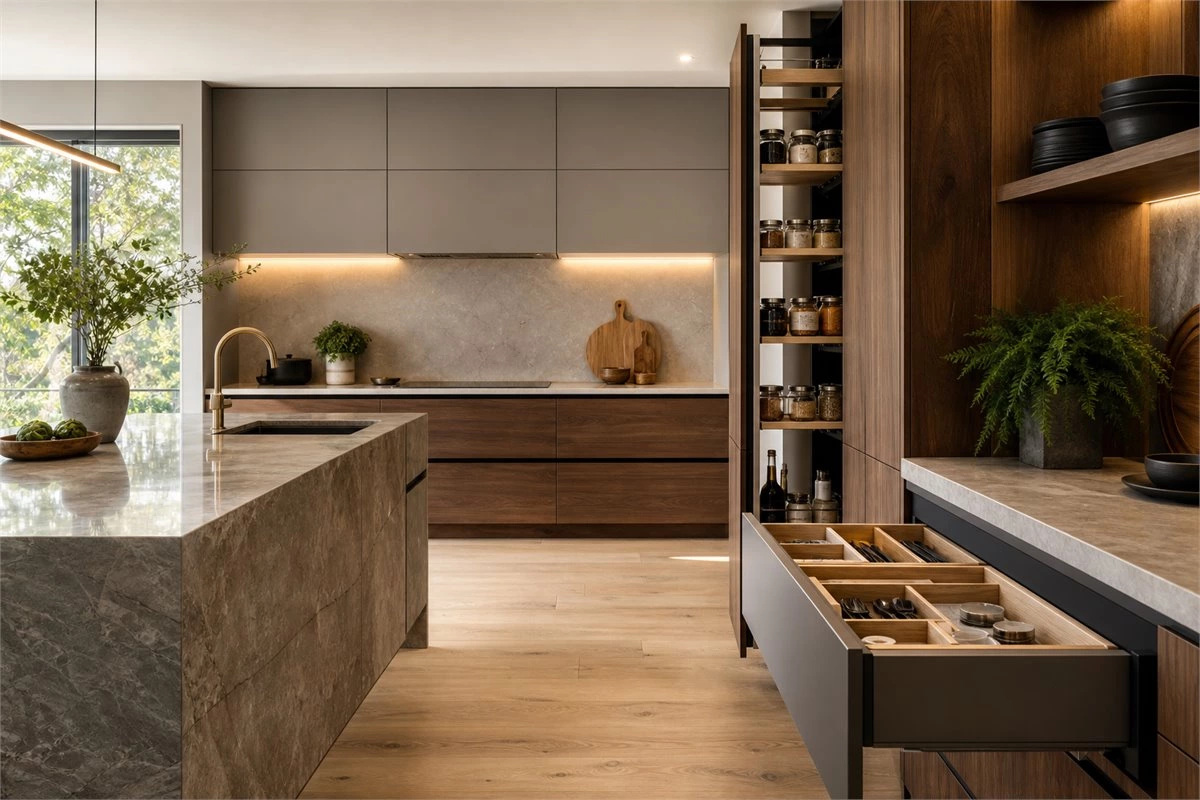 Kitchen cabinet hardware guide showing modern drawers, concealed hinges and pull-out storage